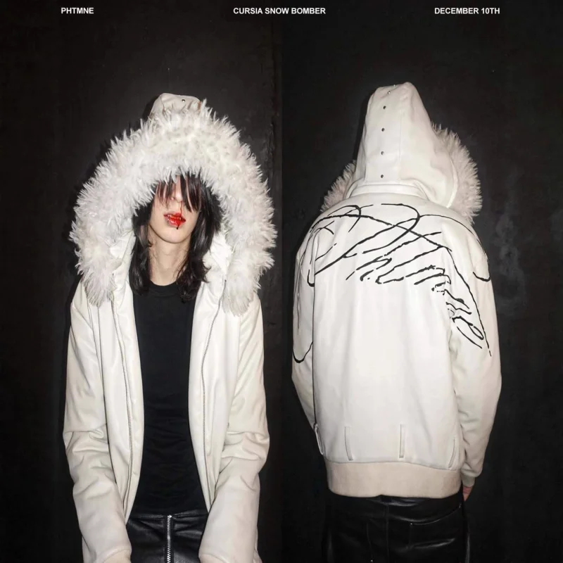 2026 Men's/Women's White Hooded Jacket - Faux Fur Trim Hood Abstract Line Print Oversized Warm Winter Coat Y2K Gothic Streetwear