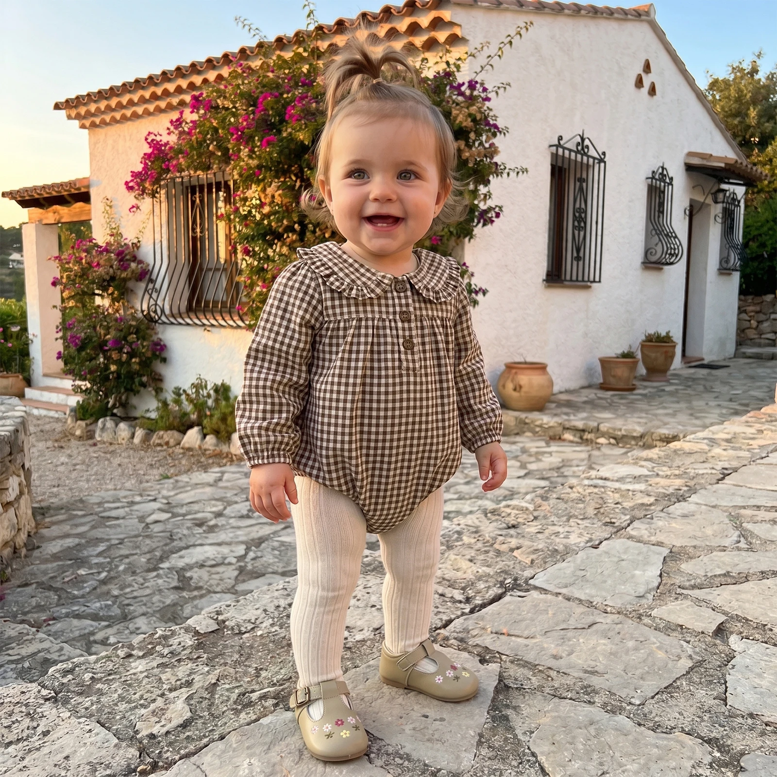 Newbonr Clothes Baby Girls Casual Rompers Plaid Print Long Sleeve Doll Collar Button Front Bubble Jumpsuits Playsuits
