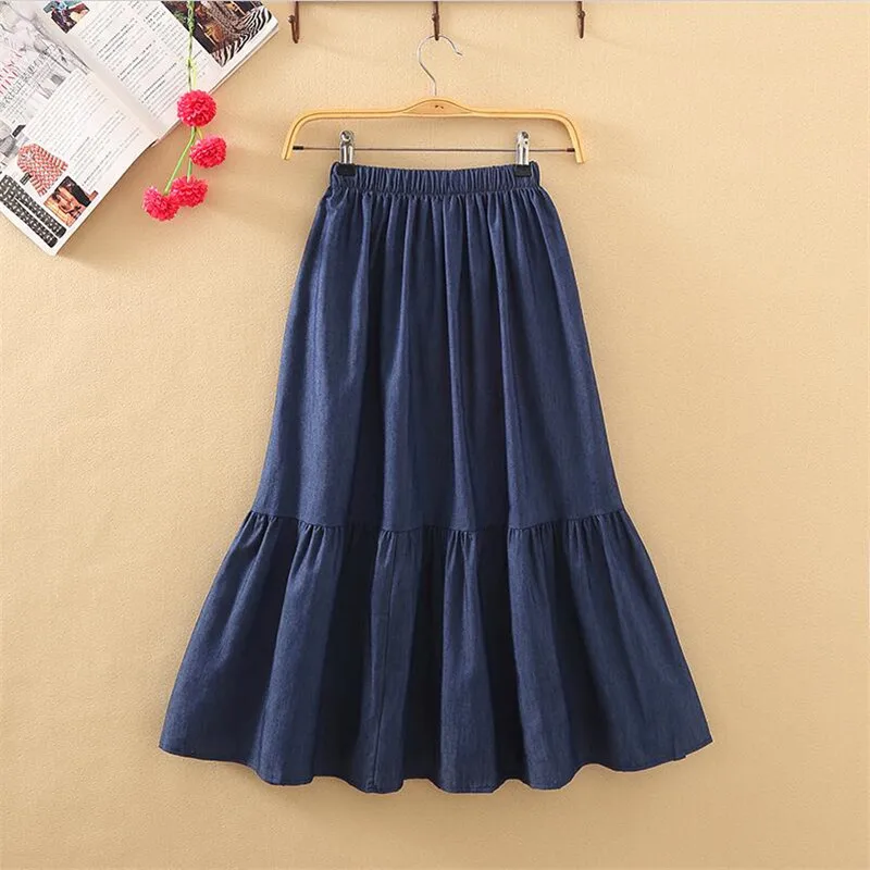 spodnice ماكسي بوهو الكشكشة الدنيم التنانير faldas ميدي موهير مودا عادية جان التنانير المرقعة حجم كبير التنانير Vestidos #4