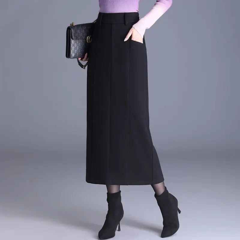 Women Autumn Winter Long Pockets Shirts 2026 New High Waist Split Straight Skirt Female Solid Color Woolen Skirts U490