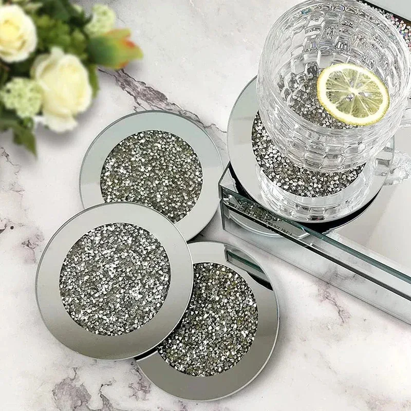 Creative glass mirror base, coasters, square and round placemats, silver luxury wine coasters, coffee cup decorations