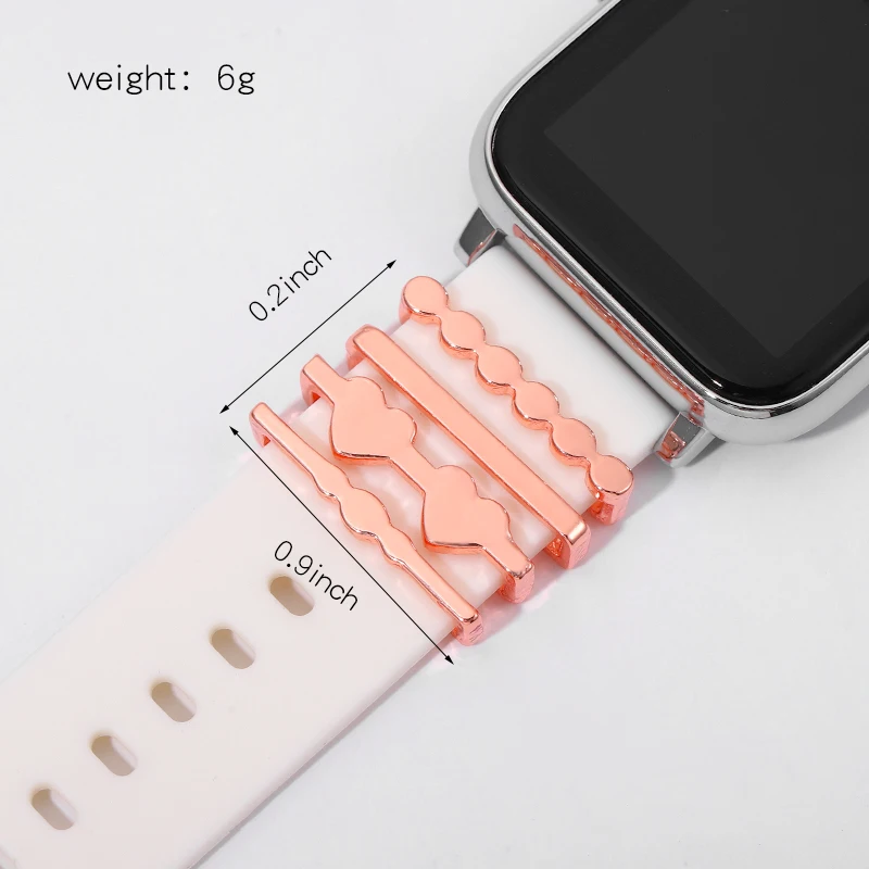 Watchband Charms for Silicone Strap Metal Round Heart Ring Set Decorative Charms for Apple Watch Strap Bracelet Jewelry Charm