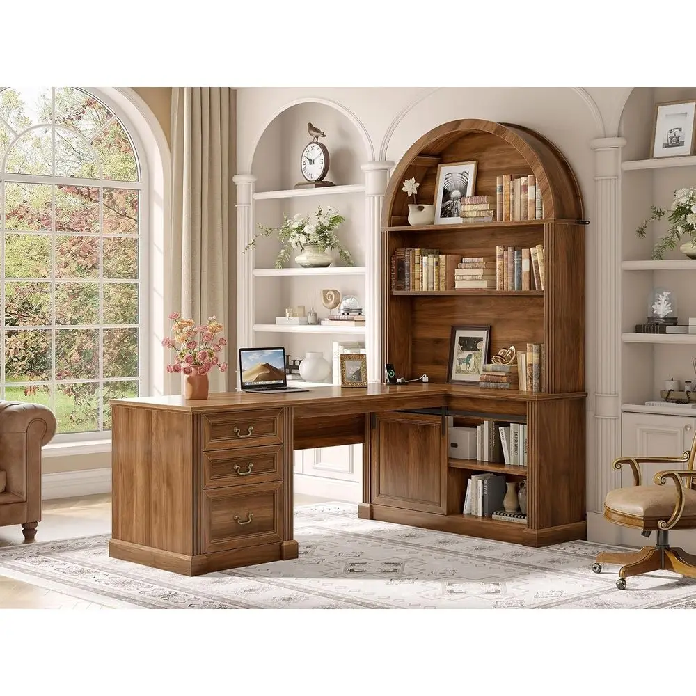 

Письменный стол L-образной формы 67 с высокой арочной книжной полкой, 3 ящиками и полками для хранения, офисный стол для руководителя с дверцами-амбарными створками, коричневый