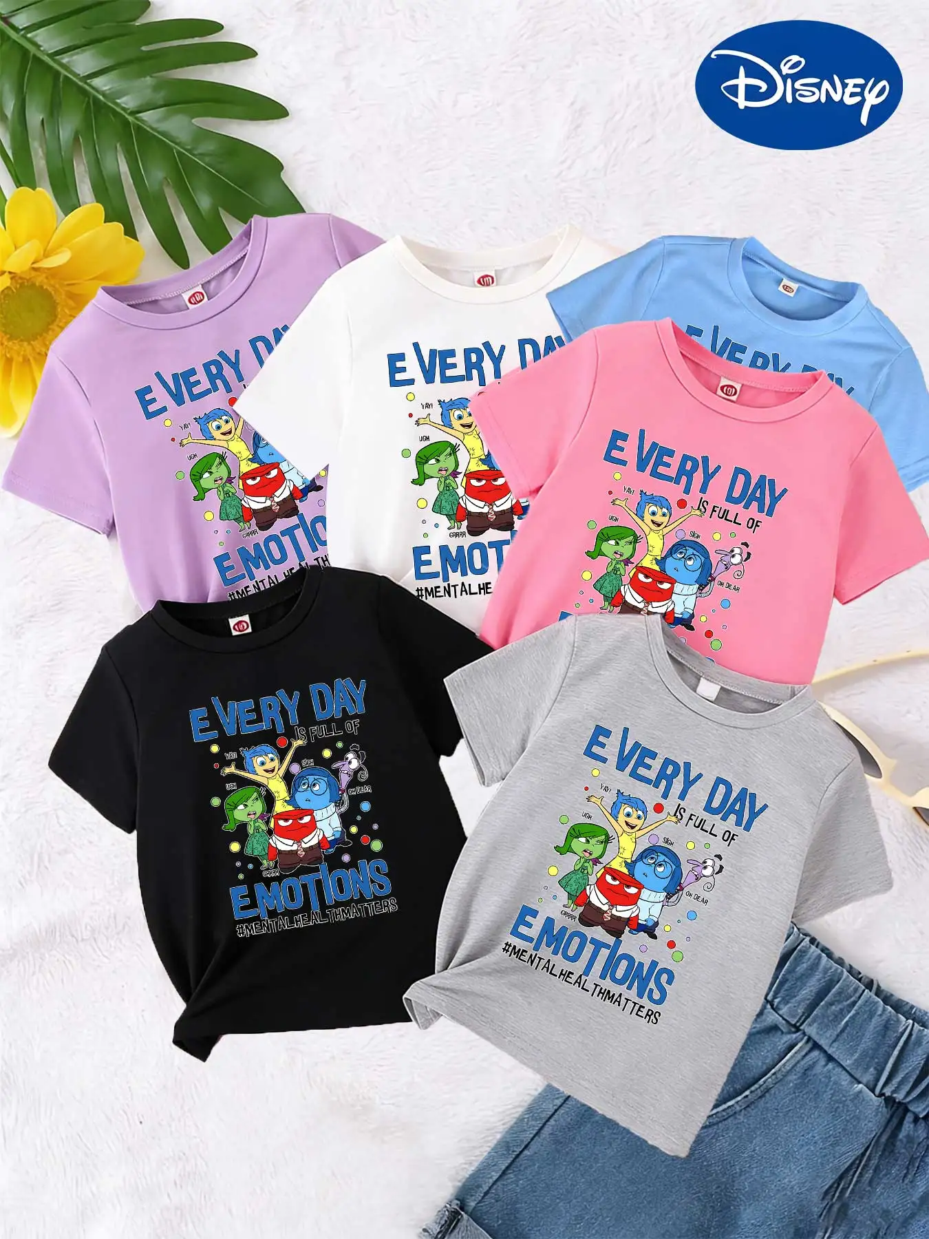 

Disney Inside Out Emotional Family Mental Health Slogan T-Shirt for Boys and Girls, Short-Sleeve Loose-Fitting Summer Style