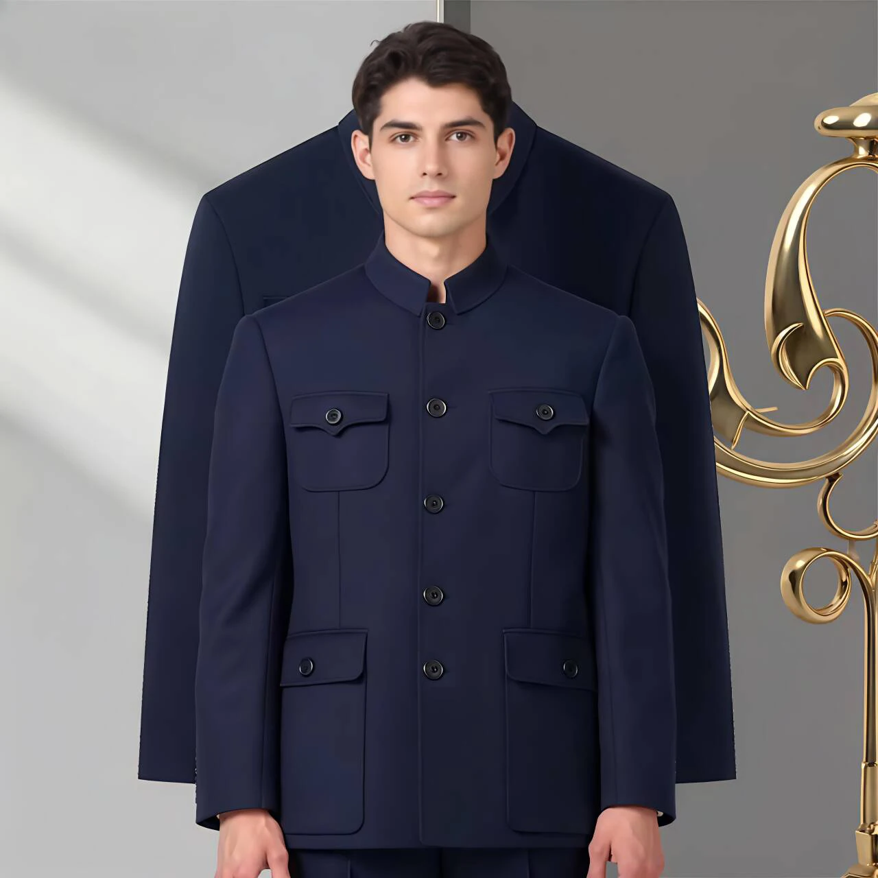

Men Mao Tunic Blazer Navy Blue Zhongshan Jacket Turn Down Collar 4-Flap Chest Pockets Design Modernized Sun Yat-sen Suit Coat