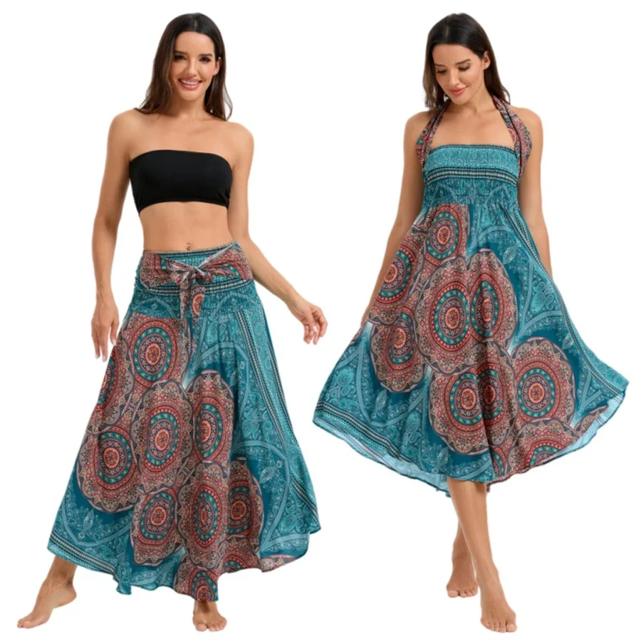Damen Boho-Kleid aus Rayon, Atmungsaktiv, Weich, Sommerliches Bohemian Langes Kleid, Strandkleidung, Urlaub, Elastische Taille, Bandage-Neckholder, Hippie-Kleid – Detail 9