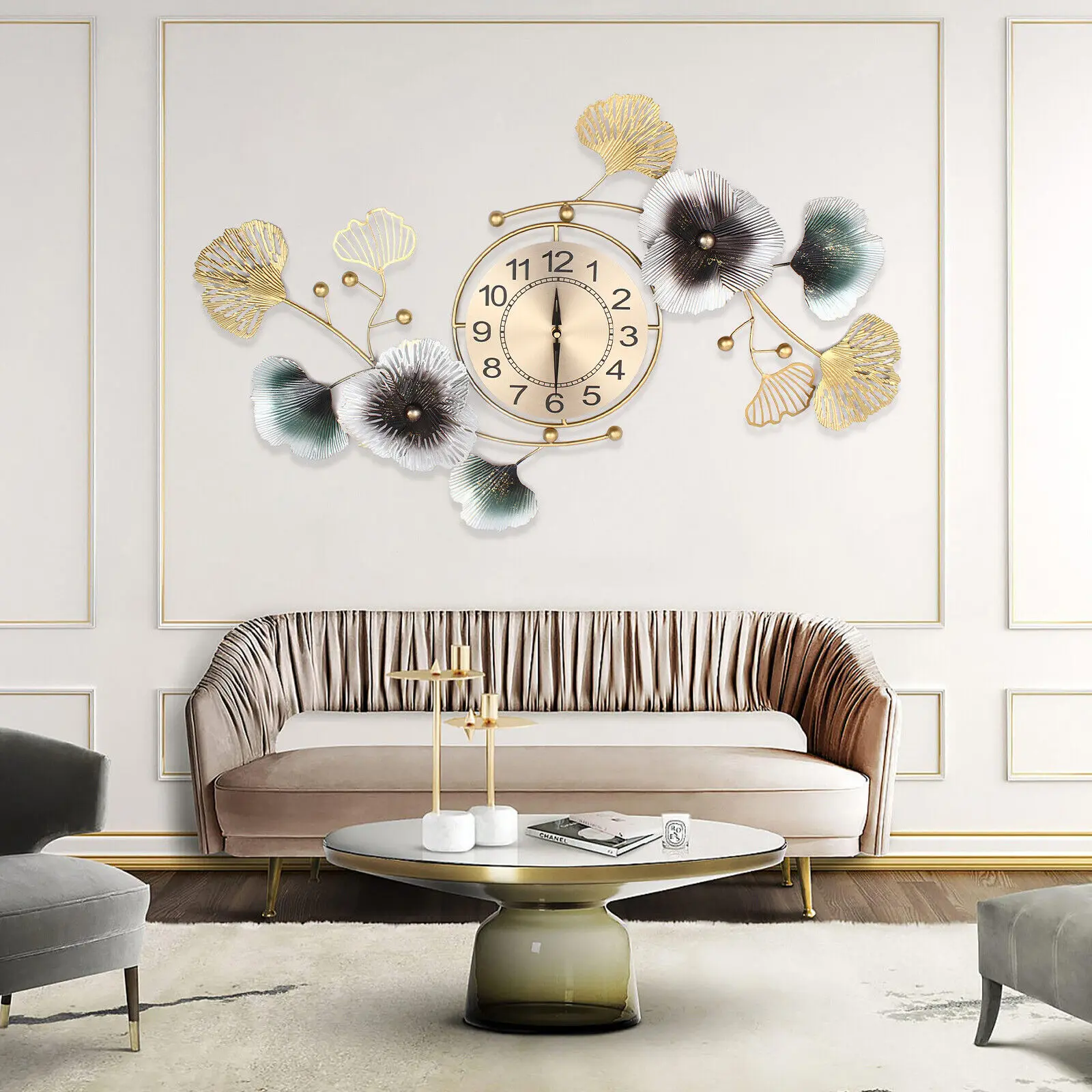 90*45cm Large Wall Clock Ginkgo Leaf Metal Wall Watch Living Room Home Decoraito