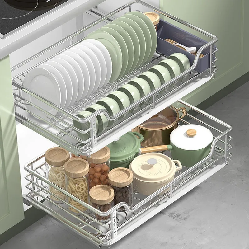 

Real 304 stainless steel pull basket, kitchen cabinet, drawer, double-layer bowl rack, dish basket, water delivery