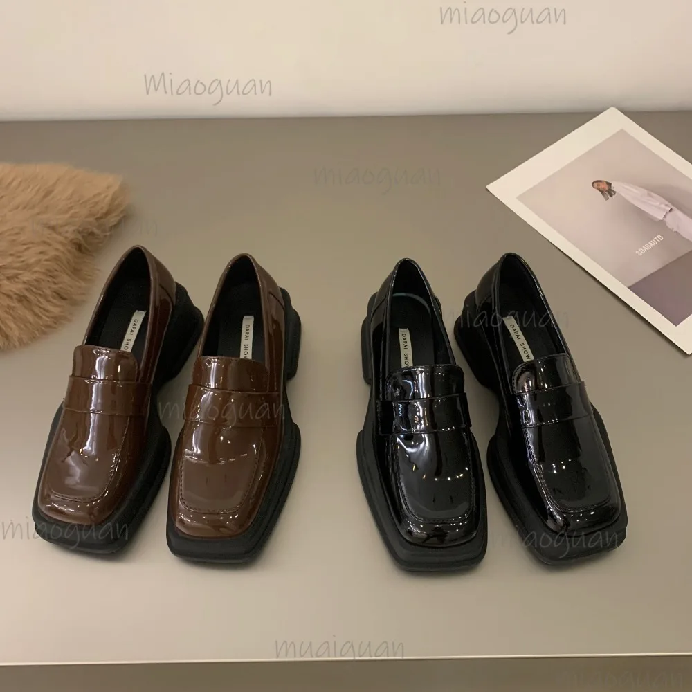 British Style Thick Bottom Spring Autumn Square Head Retro Loafers Shoes Women Casual Slip on Platform Moccasins Ladies Pumps
