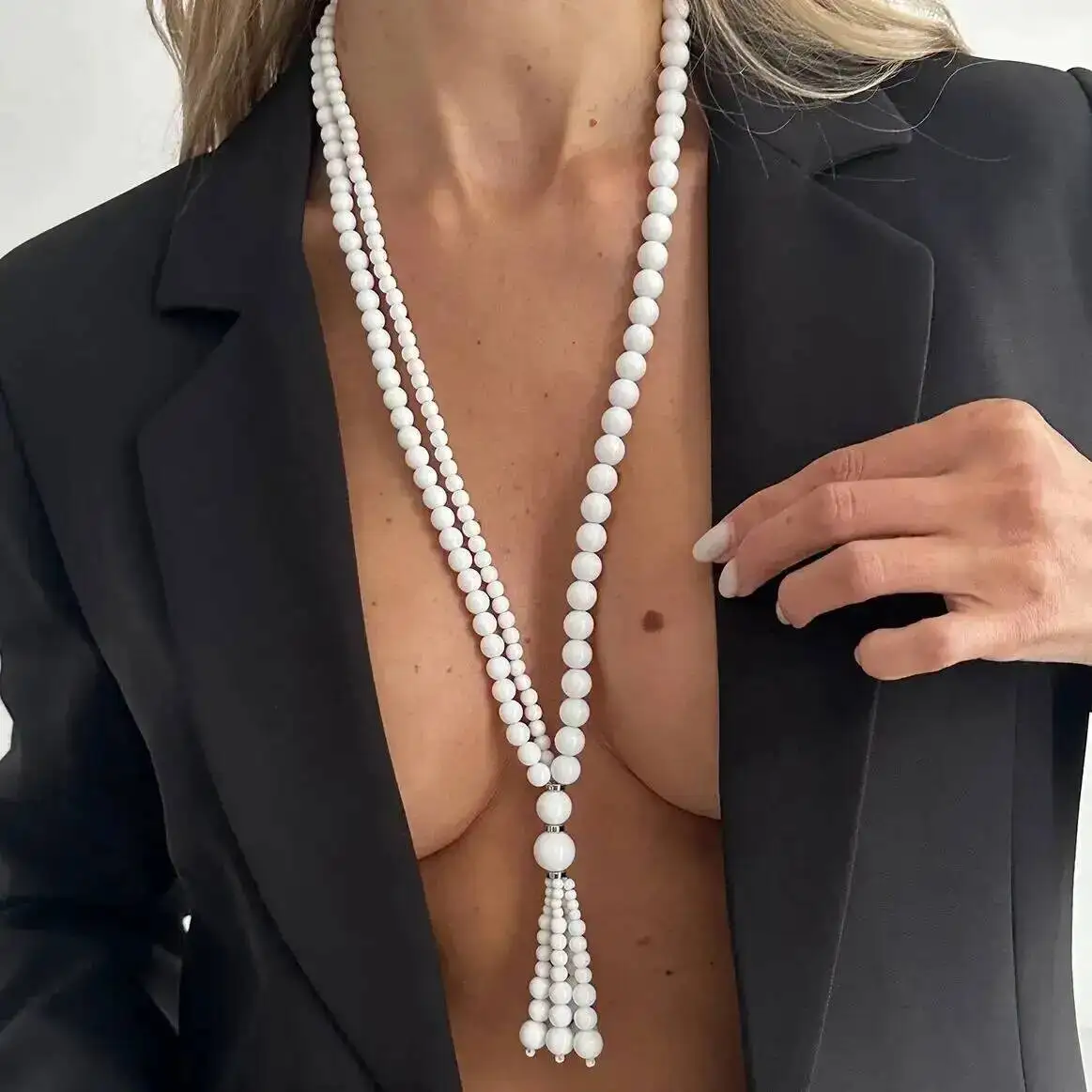 Sexy Acrylic Chain Necklace for Women, Long Chest Link Wedding Bride Vintage Sweater Chain, New Year Festival Jewelry, CCB Beads