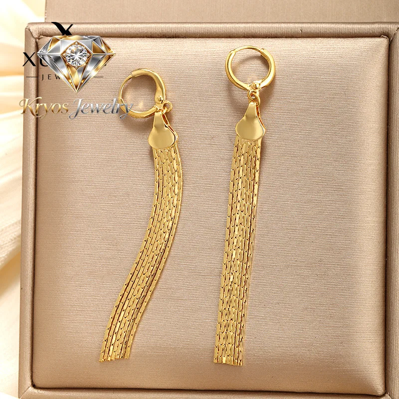 

Kryos Jewelry Luxury 24K 9999 Pure Gold real gold Long multi-line tassel earrings women elegant temperament golden earrings