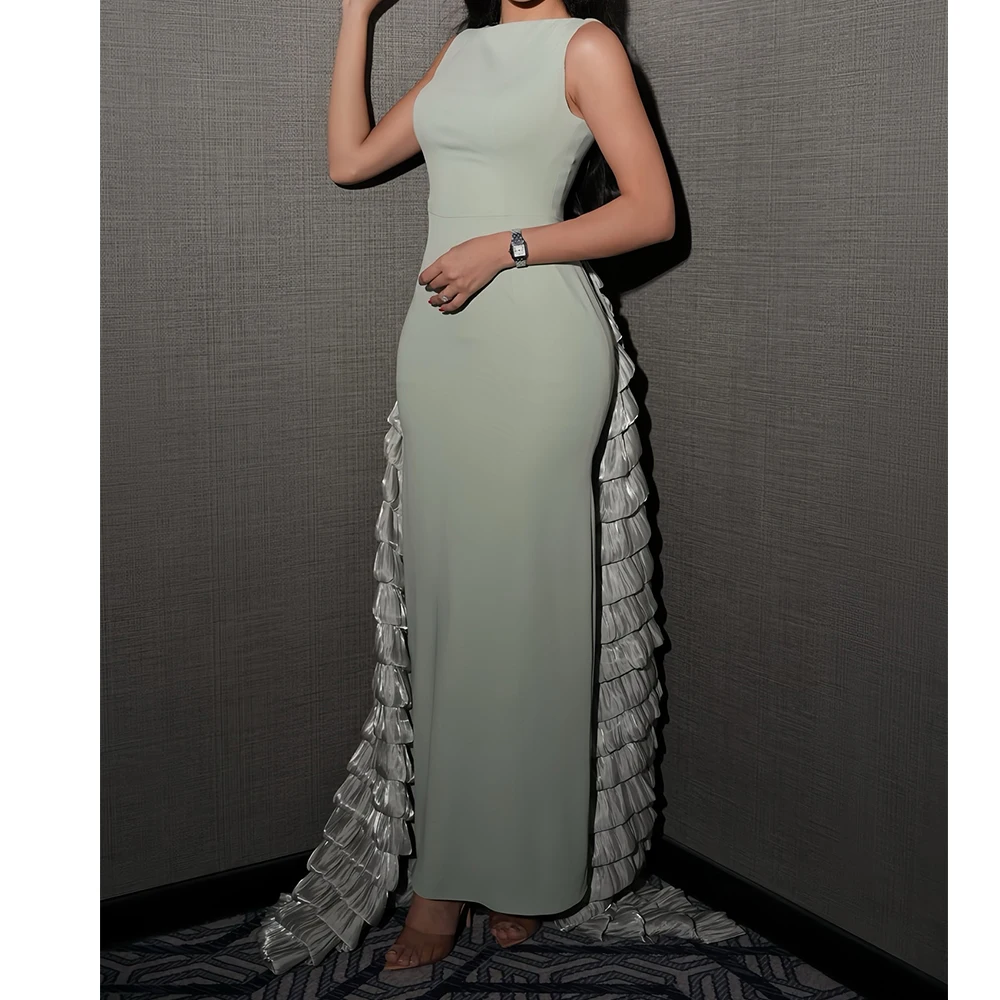 Customized Formal Off The Shoulder Jersey Evening Dresses Fashion Straight Floor Length Boat Neck Sleeveless Vestidos De Fiesta