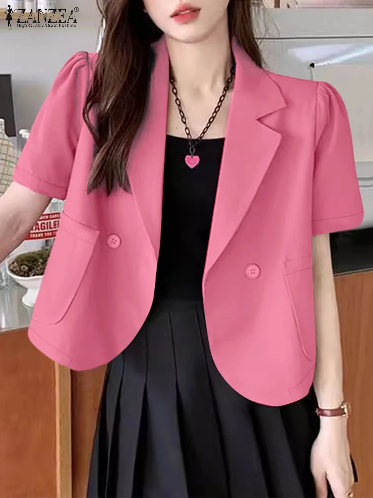 

ZANZEA пиджак с короткими рукавами, женский элегантный офисный пиджак, повседневные однотонные костюмы с воротником с лацканами, 2025 г., однотонный модный кардиган