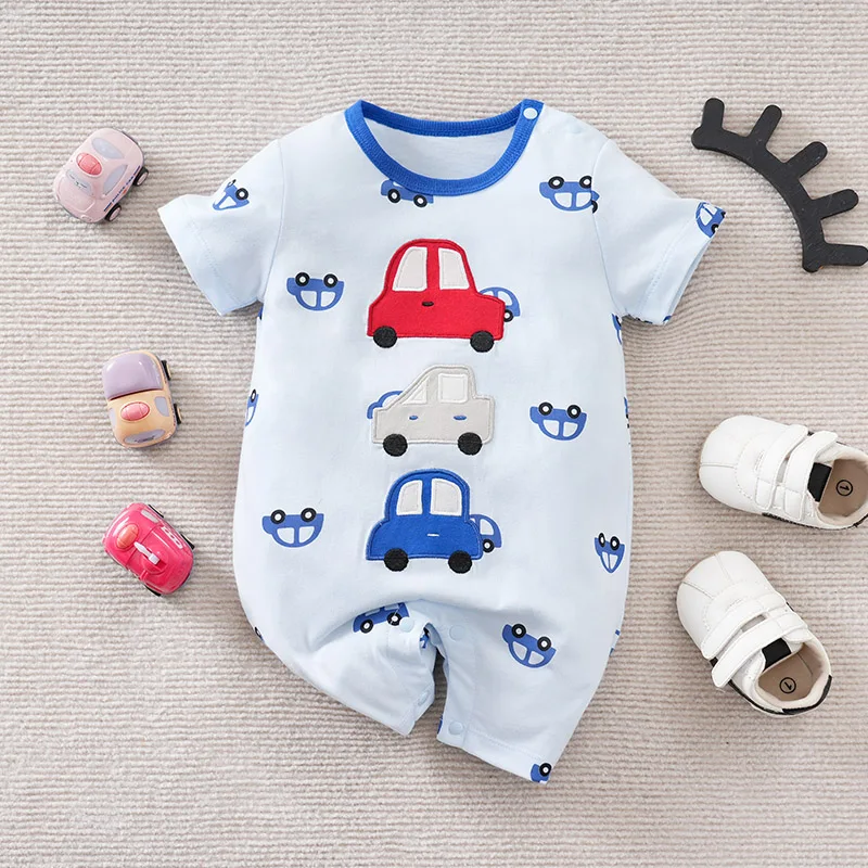 Newborn Boy And Girl Jumpsuit Baby Clothing Cute Cartoon Toy Car Baby Casual Full Print Light Blue Summer Short Sleeved Jumpsuit