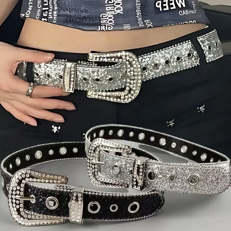 Full Rhinestone Belts For Women Men Fashion Diamond Bling PU Metal Buckle Pin Waist Belt Leisure Dress Jeans Wild Waistband