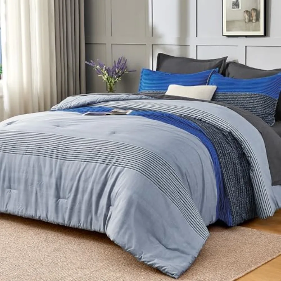 

Size Comforter Set 7 Pieces - Blue Grey Patchwork Lightweight Bed in a Bag Soft y Patchwork All Season Bedding Set with Comfort