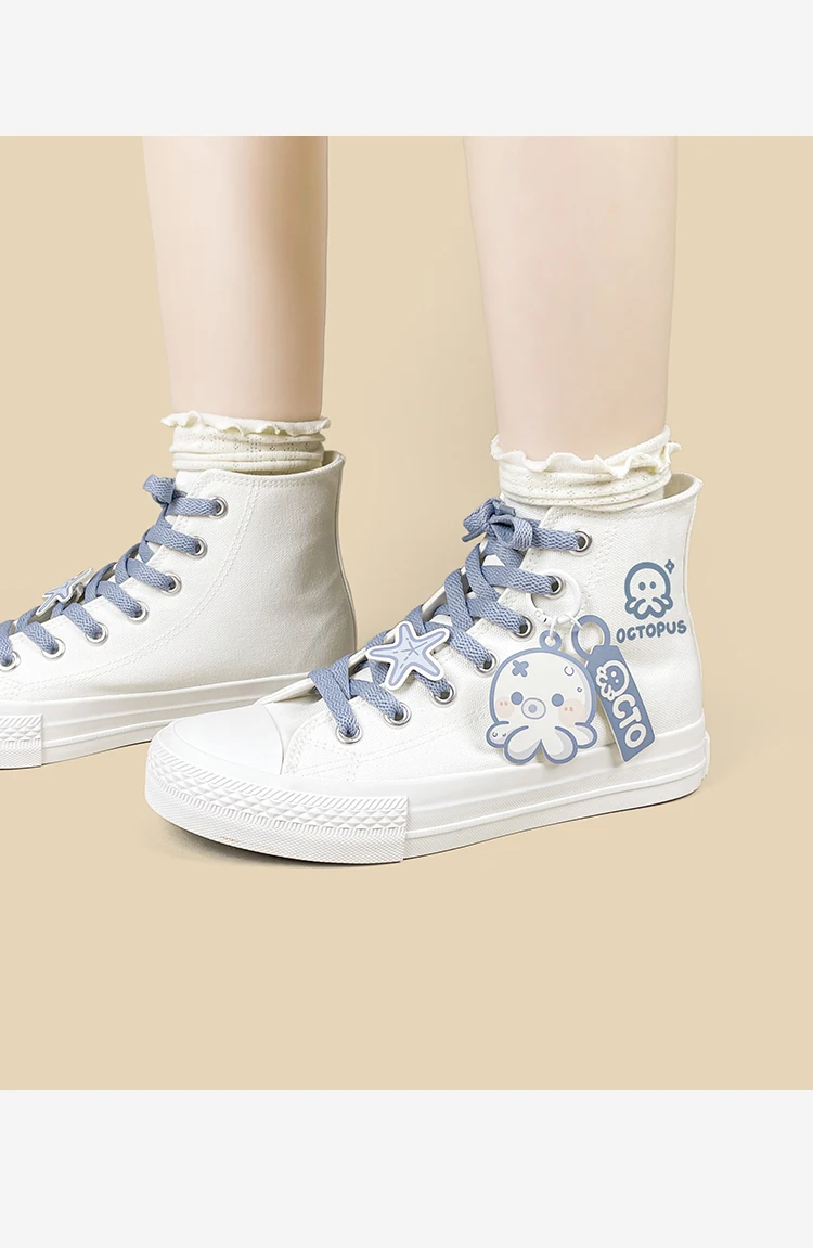 Amy und Michae Kawaii Damen-High-Top-Sneaker aus Segeltuch, niedlicher Oktopus-Cartoon, flache Sohle, Schnürung, tägliche Street-Freizeitschuhe für Mädchen – Detail 8