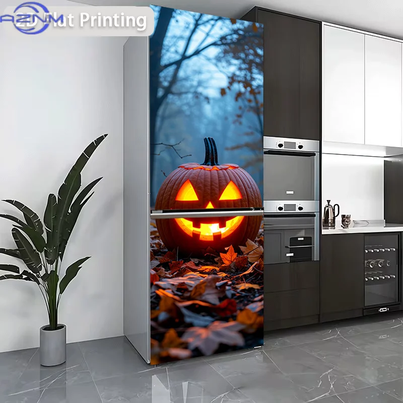 2D Flat Printing 1pc 180Cm X 60Cm Refrigerator Sticker, Pumpkin Halloween Theme Self-Adhesive Wall Paper, Suitable for Home De
