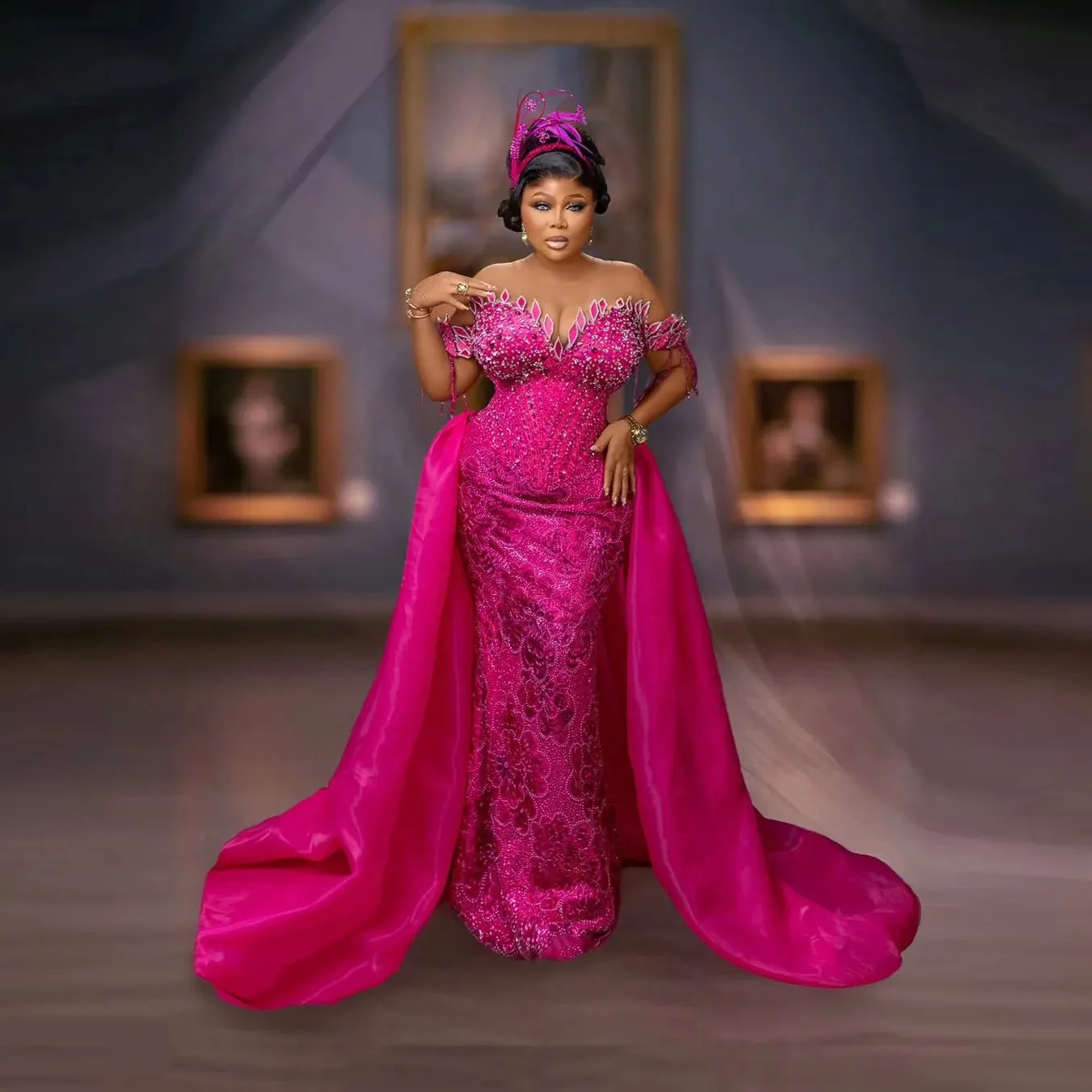 

Fuchsia Prom Dress Tassels Beaded Evening Gowns Floral Custom Made Aso Ebi Formal Dresses Off Shoulder Long Overlay Removable