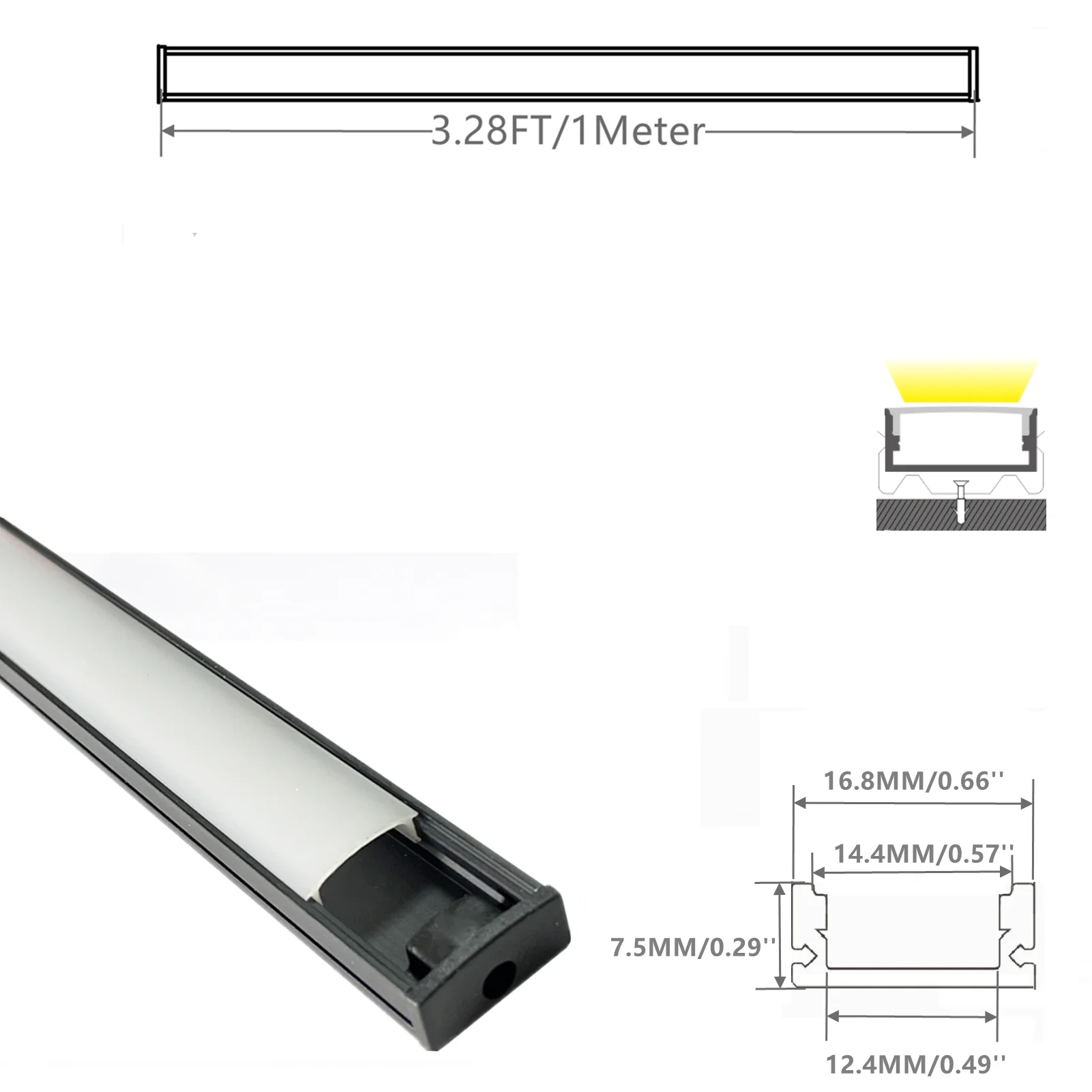 10-30 Pack 40Inch 1m Led Strip Black Channel Diffuser ,5-12mm Wide Tape U Shape Surface Mounted  Track Milky Cover Low Profile