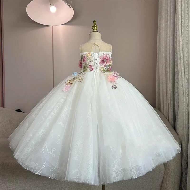 Autumn New Sweet Children's 3d Flower Applique French Princess Dress Sleeveless Wedding Party Kids Ball Gown For Children Girl
