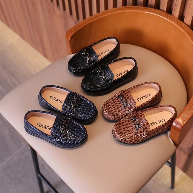 Children Leather Shoes for Toddlers Boys Medium Kids Kindergarten Casual Loafers with Metal Chains Chic Fashion Moccasins 21-30