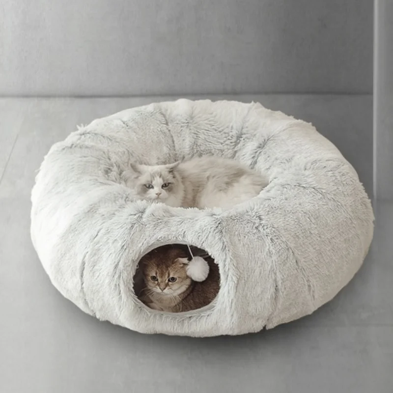 Cat Tunnel with Cat Bed for Indoor Cats Soft Plush Peekaboo Cat Cave Donut Tunnel Multifunctional Cat Playground Toys Hideplace