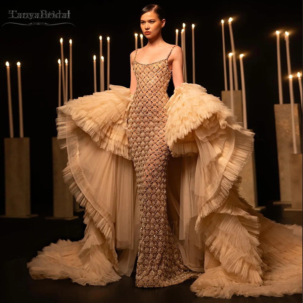 

Layers Tulle Wedding Cape Gorgeous Champagne Bridal Cape With Long Train ,Women Coat DJ418
