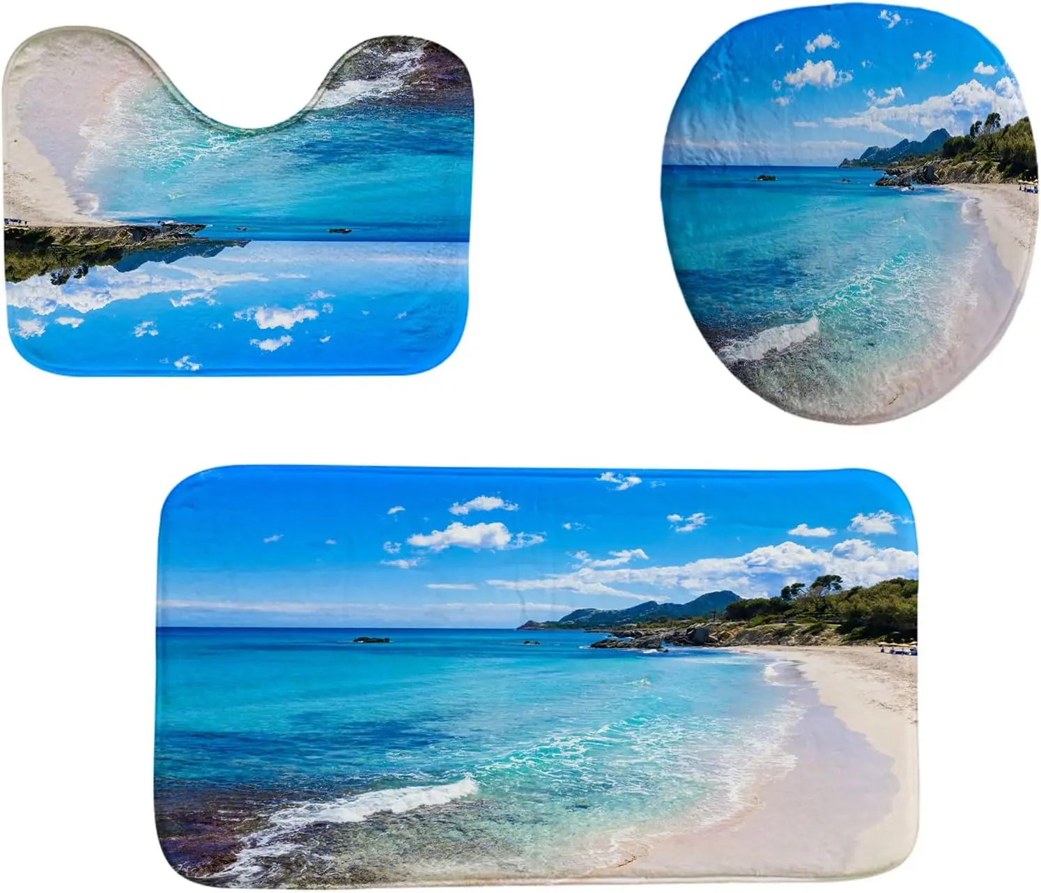 3PCS Spain Rajada Beach Bath Mat Set, Memory Foam Soft Absorbent Rug, Non-Slip Machine Washable Thick Shower Carpet Decor