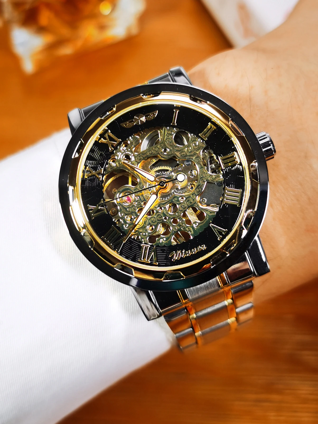 WINNER Classic Skeleton Watch for Men Luxury Brand Gold Mechanical Watches Casual Stainless Steel Strap Vintage Wristwatches New