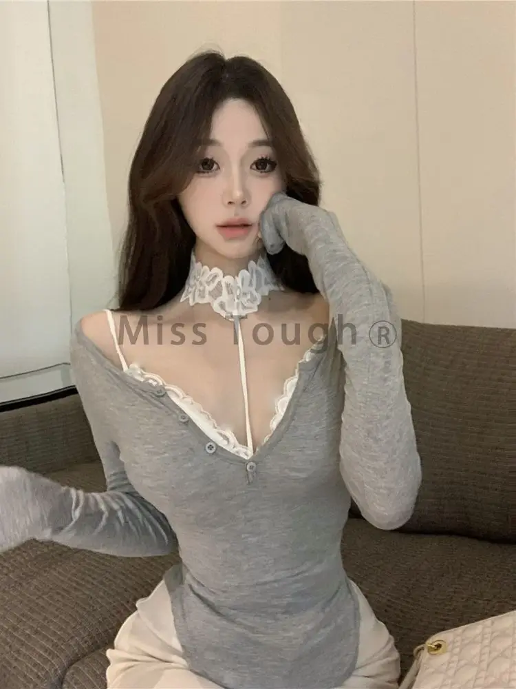 Aesthetic Sexy Skinny Lace V Neck Tops Women Design Fashion Thin Long Sleeve Irregular Top Female Y2k Chic Solid Sling Base Suit