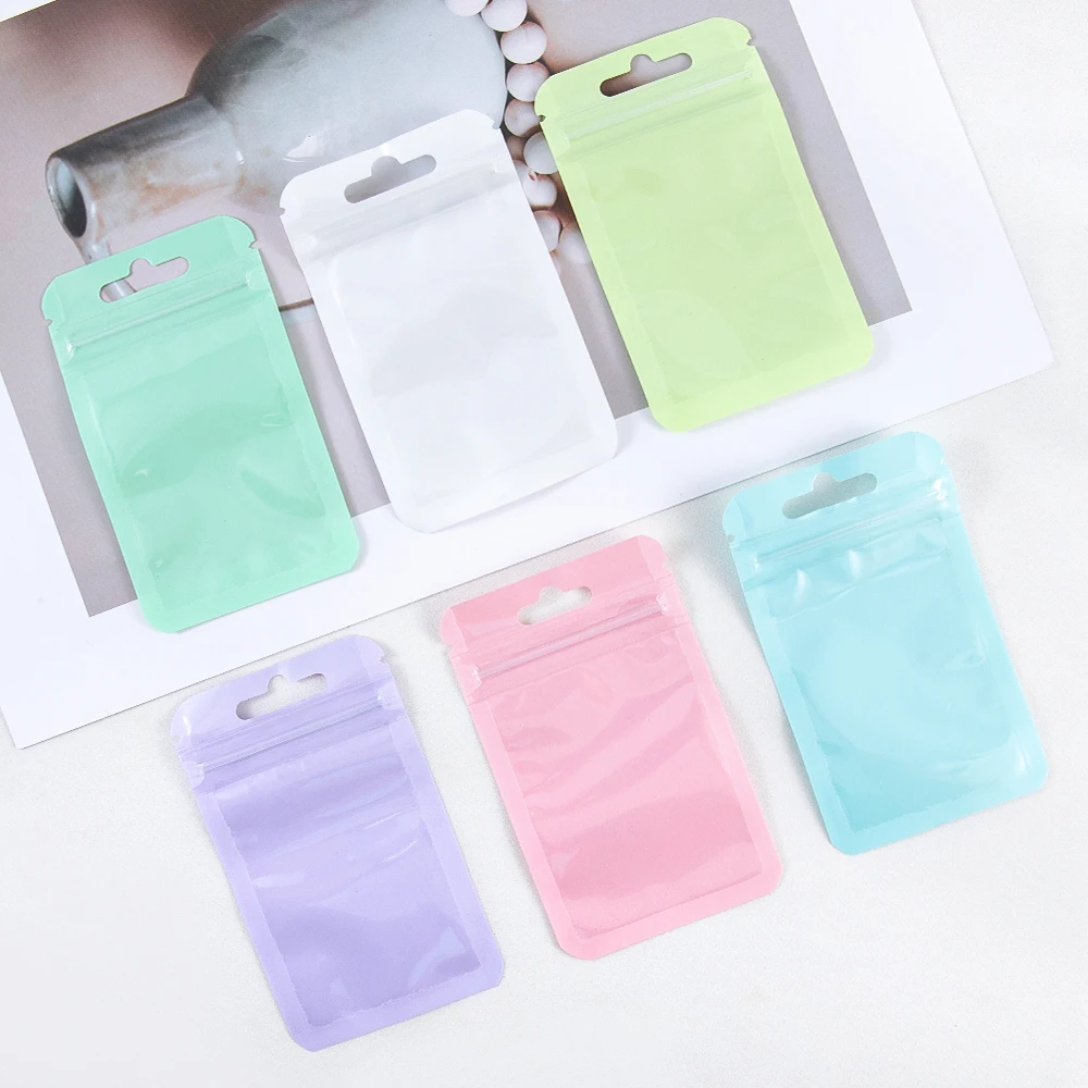 50Pcs Macaron Color Sealing Bags with Transparent Window Plastic Candy Food Pouch Resealable Necklace Jewelry Gift Packaging