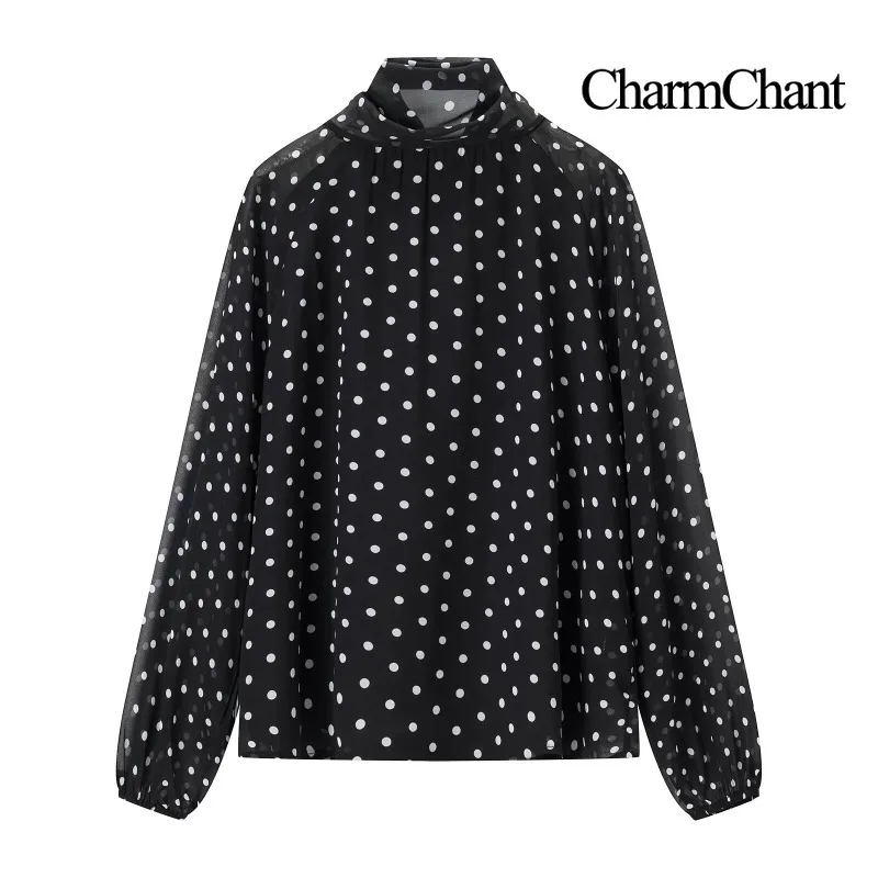 CHARMCHANT Women's Sheer Polka Dot Blouse Bow Tie Neck Lantern Long Sleeve Loose Fit Chiffon Shirt Office Casual Spring 2026