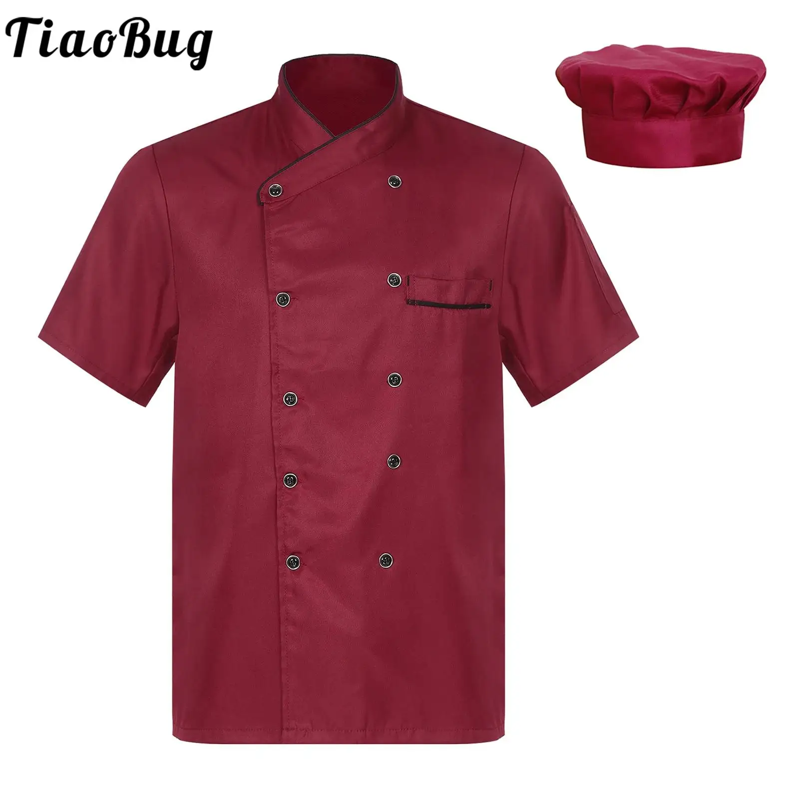 Men Women Solid Color Chefs Jacket Uniforms Set Kitchen Chef Shirts and Catering Hat Set for Canteen Restaurant Hotel Cafe Work