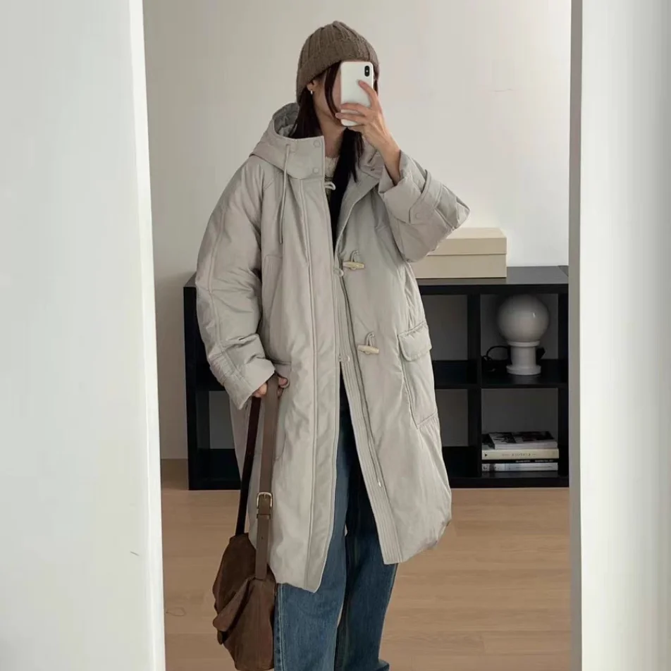 الدفء خفيفة الوزن بروني مقنعين أسفل Jaet فضفاضة تناسب زر تصميم عارضة Sle منتصف طول معطف للنساء الذين تتراوح أعمارهم بين