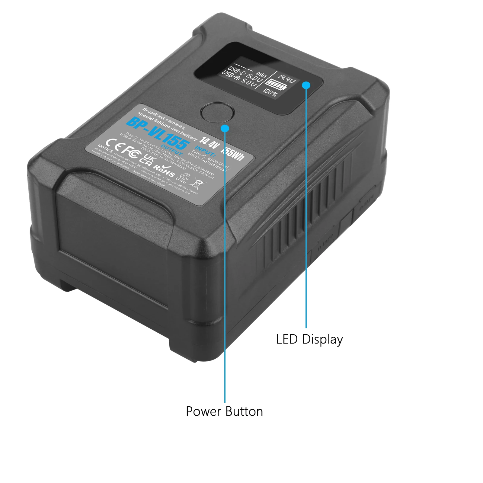 BP-VL155 V Mount Battery/V Lock Battery w Type-C/D-TAP Input/Output For Sony HDCAM, XDCAM, Digital Cinema Cameras