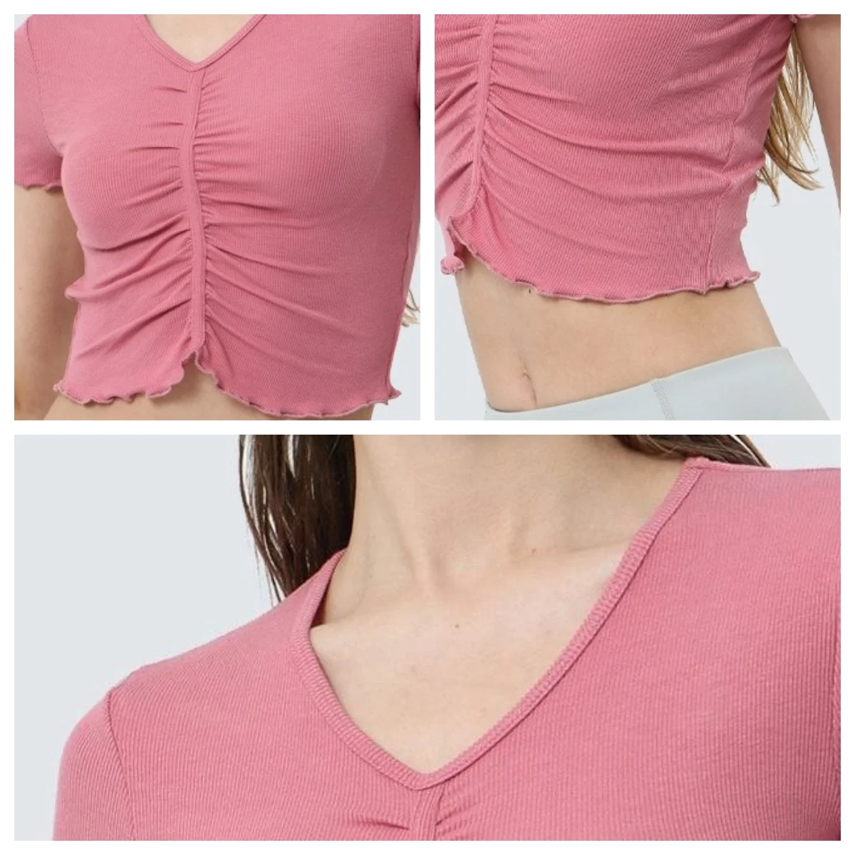 Camiseta de manga corta con volantes para mujer, top corto plisado con cuello en V, sin arrugas, para yoga y fitness