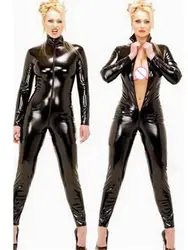 Faux Shiny PU Leather Catsuit Long Sleeve Zipper Open Crotch Bodysuit Tights Cosplay Leotard Conjoined Hot Sexy Jumpsuit Leotard