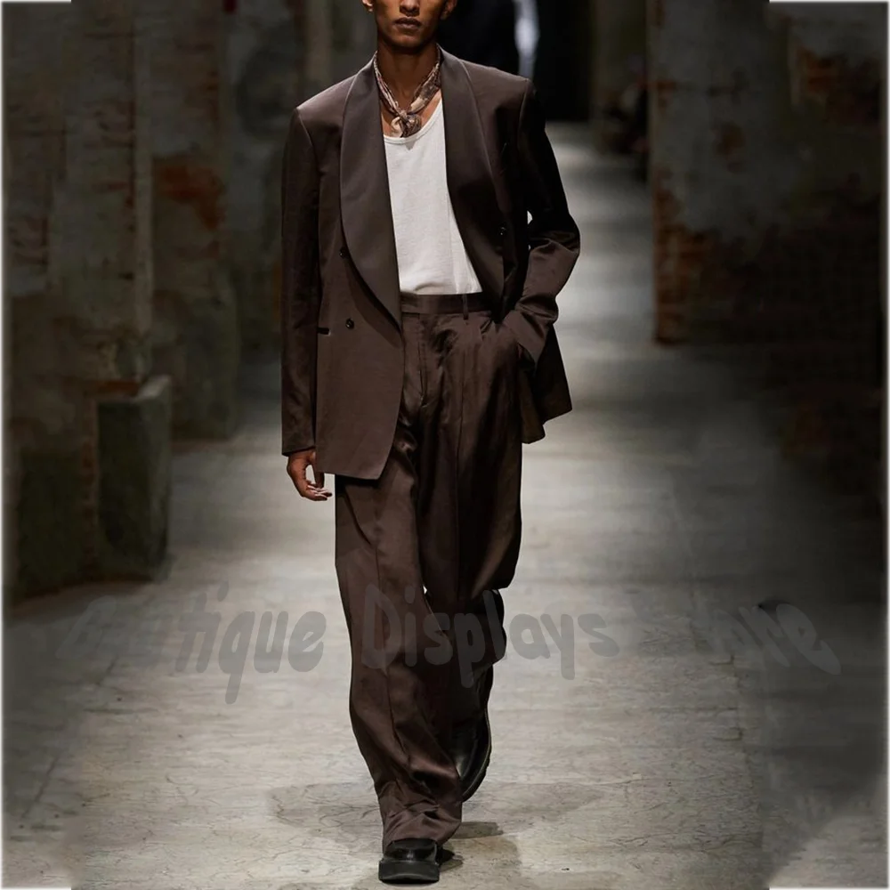 

Business Casual Brown Men's Suit Two Piece Shawl Lapel Double Breasted Elegant Wedding Guest Formal Party Tailored Outfit