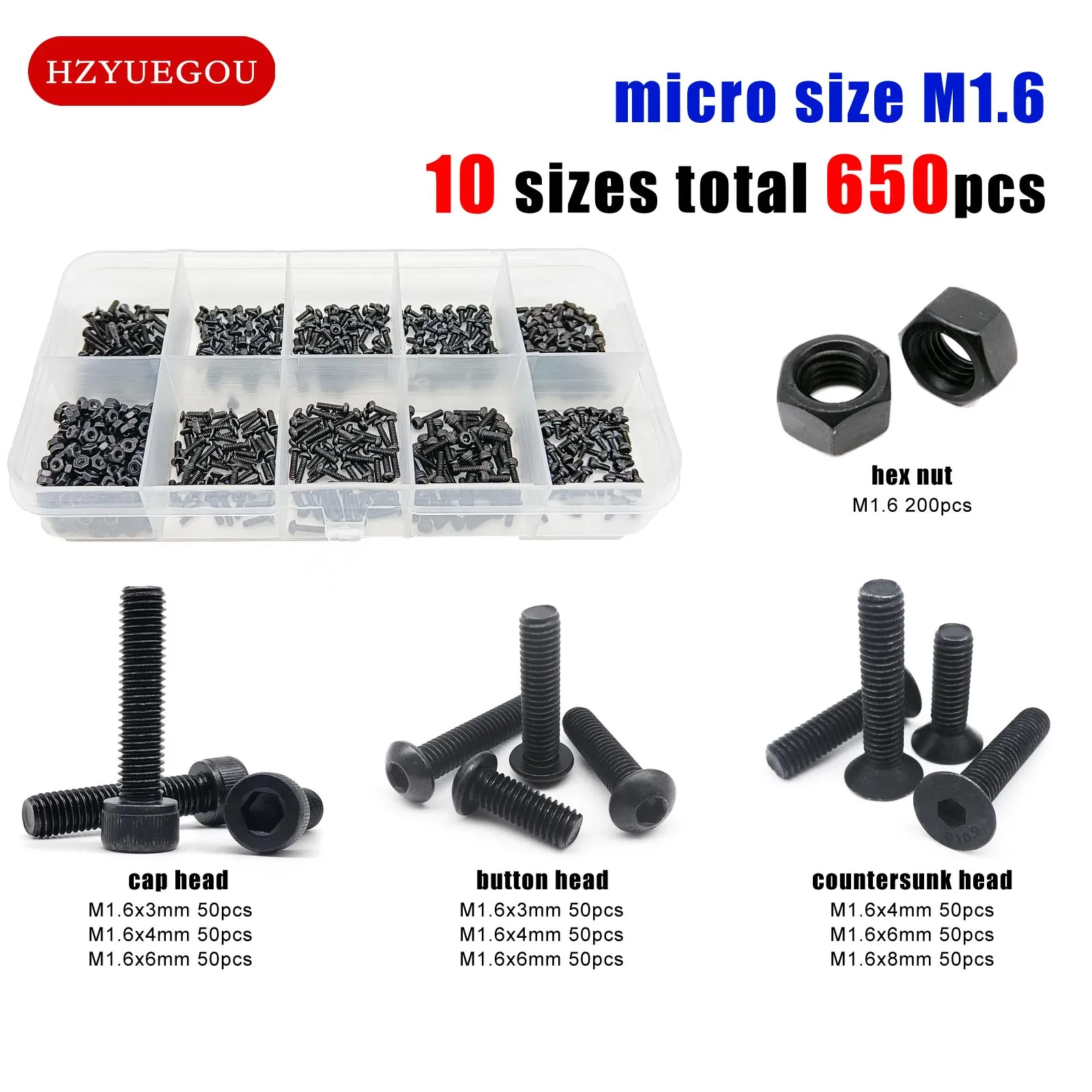 650pcs/box Micro Small Mini M1.6 Allen Hexagon Hex Socket Head Cap Button Flat Countersunk Screw Bolt Nut Set Kit Black Steel