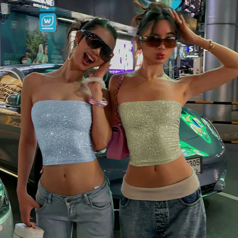European American fashion hot girl sleeveless vest shiny glitter tube top open back tight fit figure shaping street casual inner