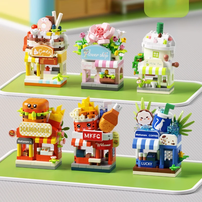 

6 моделей/упаковка Dream Town, автомобильный торговый автомат, цветочный магазин, город, вид на улицу, строительные блоки, мелкие частицы, сборка игрушек, подарков