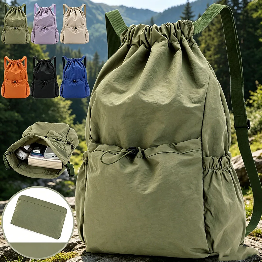 1pc Fashion Foldable Drawstring Backpack Lightweight Large Capacity Outdoor Sports Sack Portable Daily Travel Storage Bag