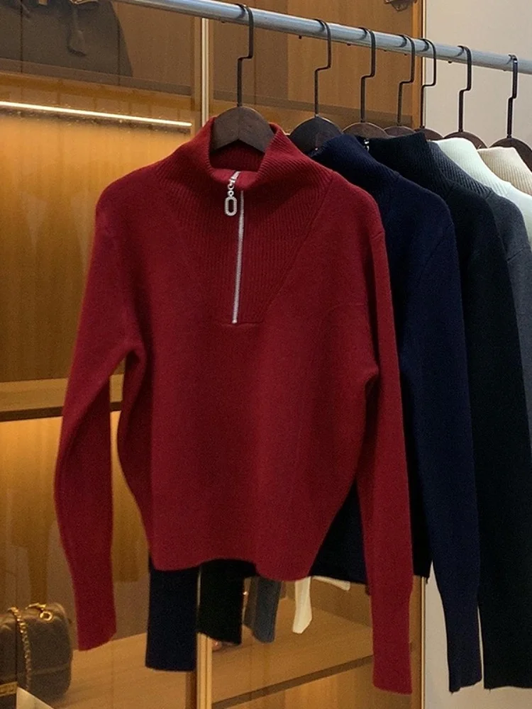 Faionable Strickpullover für Damen, mit Reißverschluss, Umlegekragen, schlankmachende Overhead-Innenbekleidung, Winter 2024, lockere Passform, lang, Sve