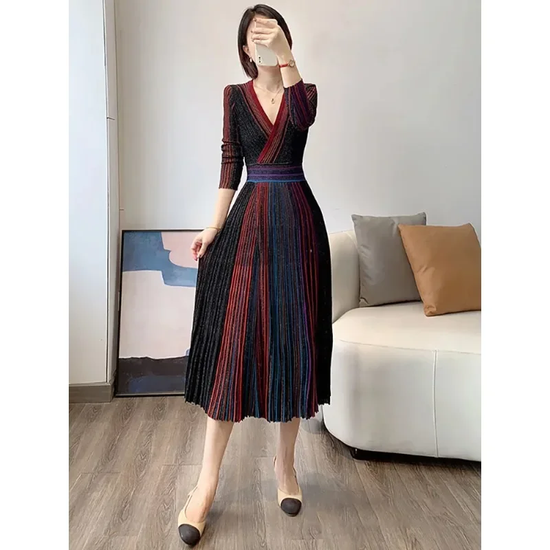 

Women Luxury Elegant Evening Party Dress Fashion V Neck Long Sleeve Patchwork Vintage Design Women's Prom Dresses Autumn Robe