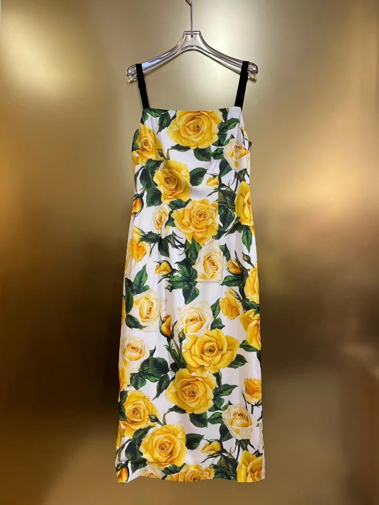 Vintage yellow rose print 19 m elastic double Joe sexy silk strap dress 2025 spring women's new fashion tight wrap hip skirt