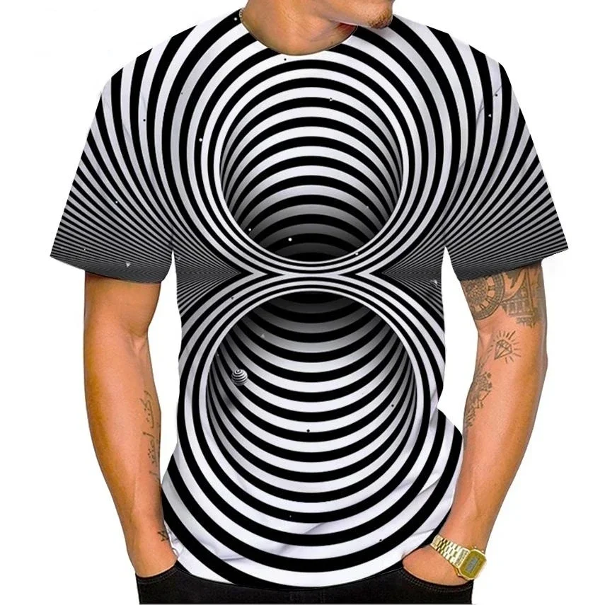 Fashion Men's Black White Vortex Optical Illusion 3D Print T Shirt Checker Hole Graphic Short Sleeve Tee Trend Streetwear Tops