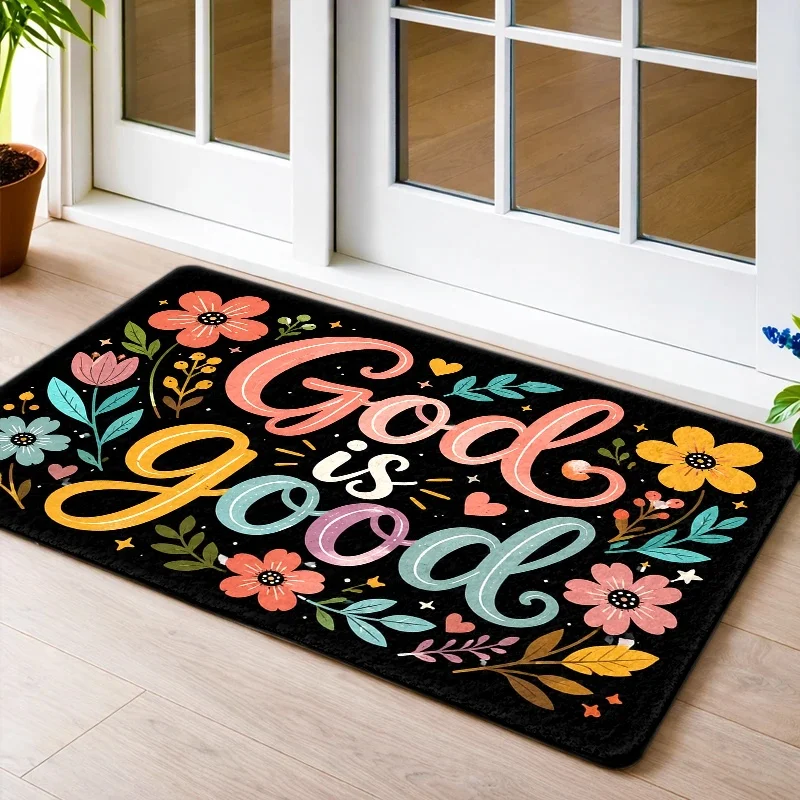 1pc , Washable Doormats, Christian God Is Good Floral Printed Bath Mats, Kitchen Rugs, Bedroom Side Rugs,