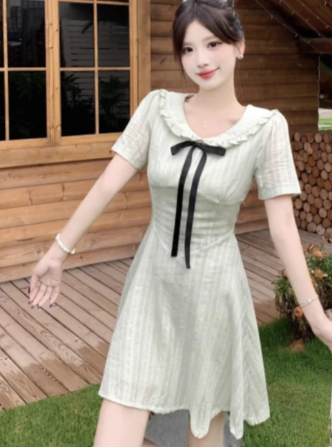 فساتين الأميرة الصيفية الفرنسية الحلوة كبيرة الحجم لتخفيض العمر وخصر عالٍ وأكمام قصيرة وياقة بيتر بان فستان كوري متعدد الاستخدامات #4