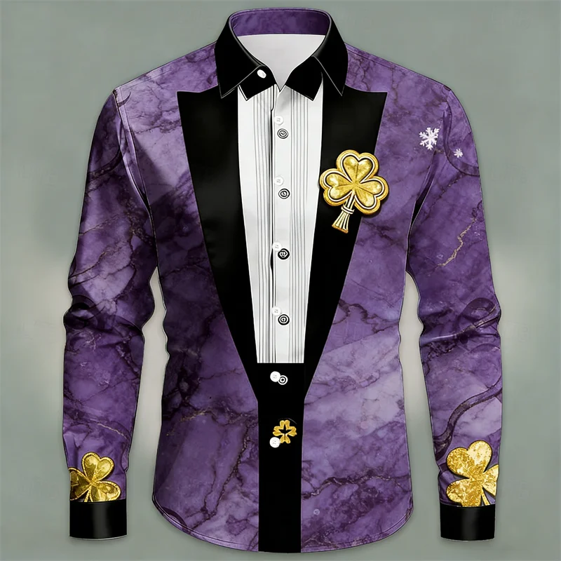 قميص رجالي جديد بأكمام طويلة وراقية بطباعة البرسيم ثلاثي الأبعاد على طراز الشارع قميص رخامي فضفاض ومريح